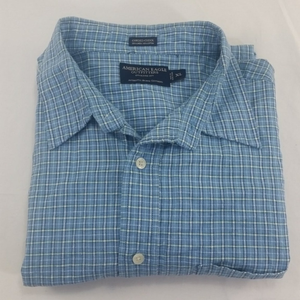 American Eagle Mens Short Sleeve Blue Plaid Shirt